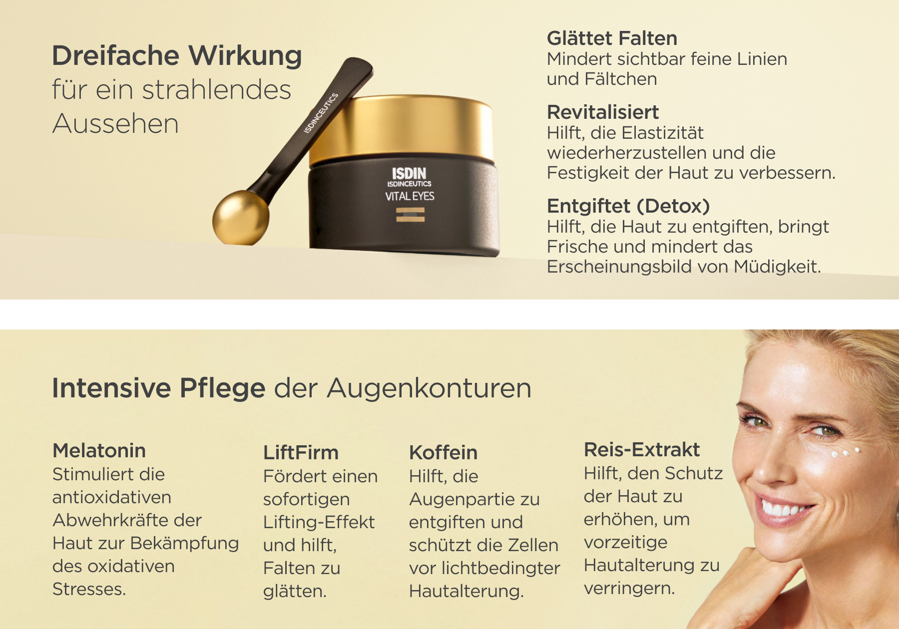 Text: Dreifache Wirkung. Glättet Falten. Revitalisiert. Entgiftet. Intensive Pflege der Augenkonturen.